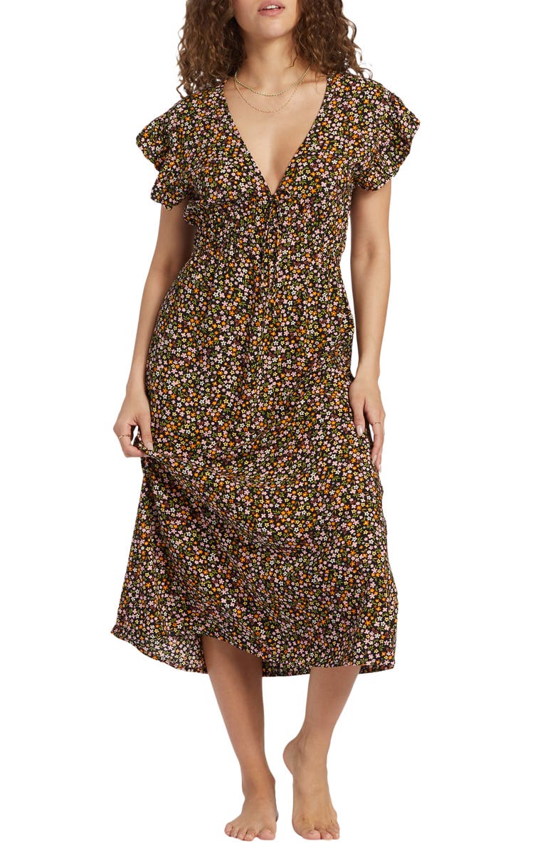 Billabong Picnic Date Floral Shirred Dress, Main, color, Black Sands