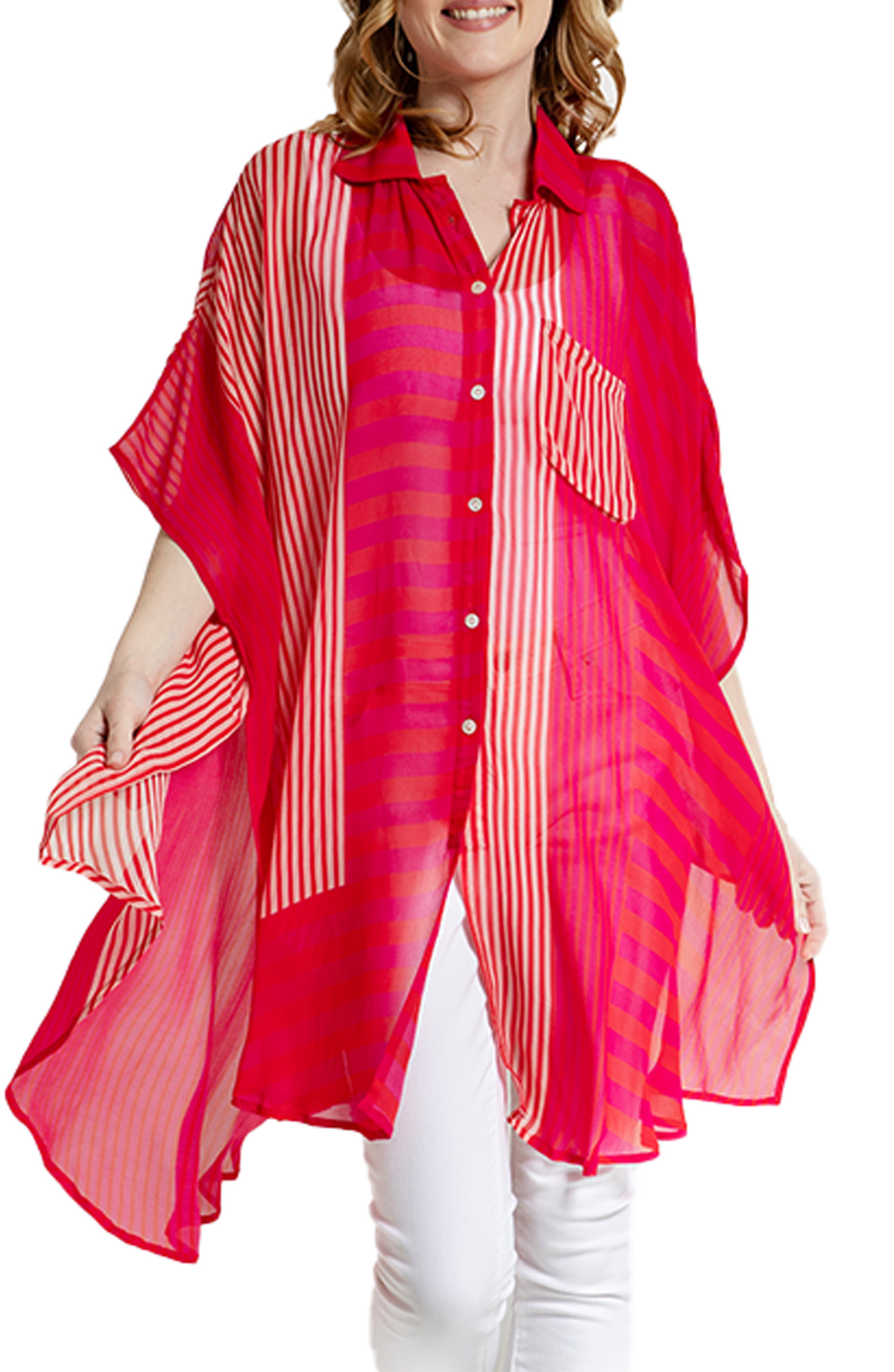 SAACHI Sheer Oversize Stripe Cover-Up Shirt