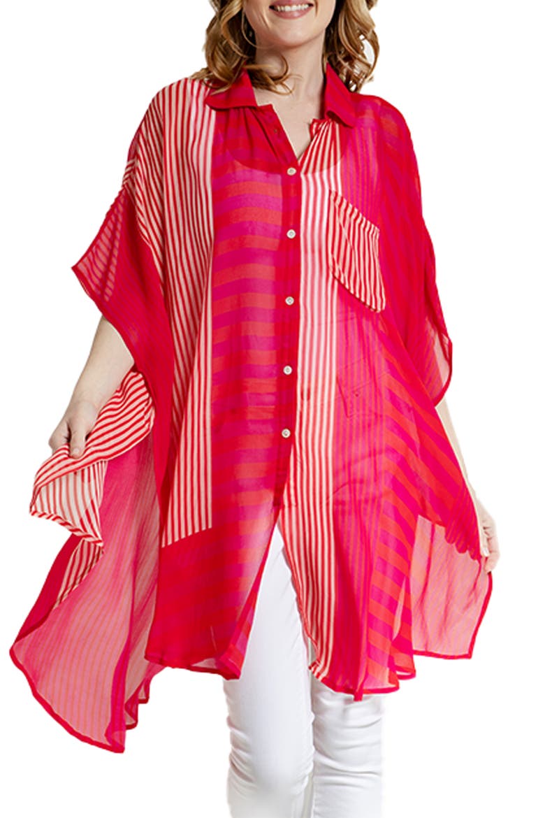 Sheer Oversize Stripe Cover-Up Shirt, Main, color, RED
