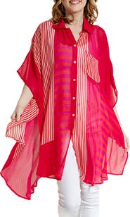 SAACHI Sheer Oversize Stripe Cover-Up Shirt