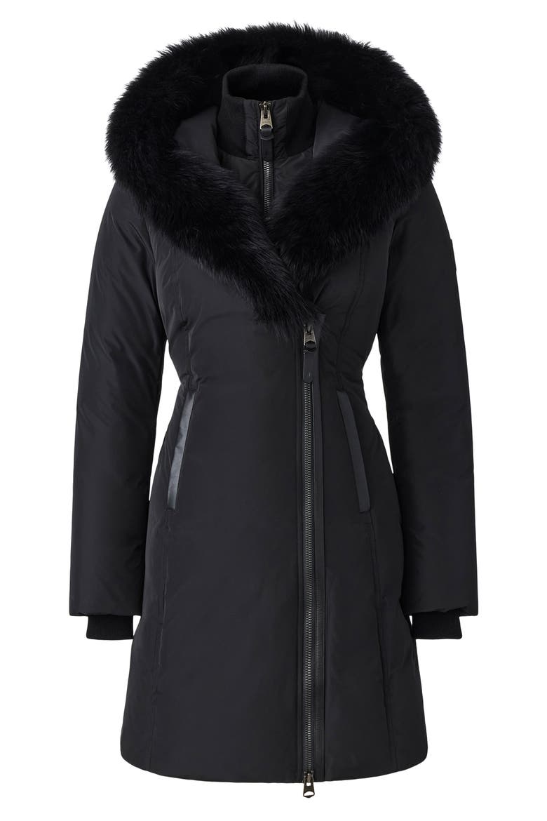 Kay Water Resistant Down Coat with Genuine Shearling Trim, Alternate, color, BLACK