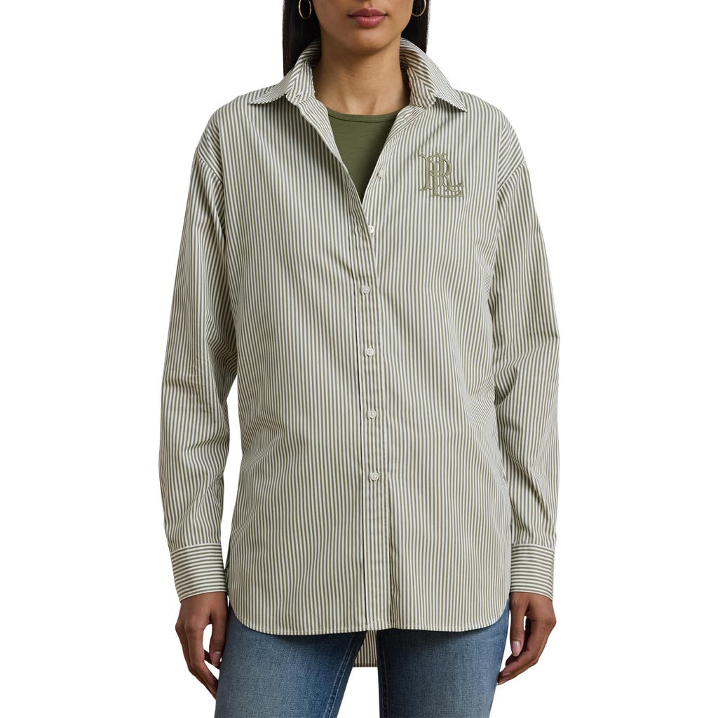 Shop Ralph Lauren Lauren Stripe Cotton Button-up Shirt In Sage Green/white