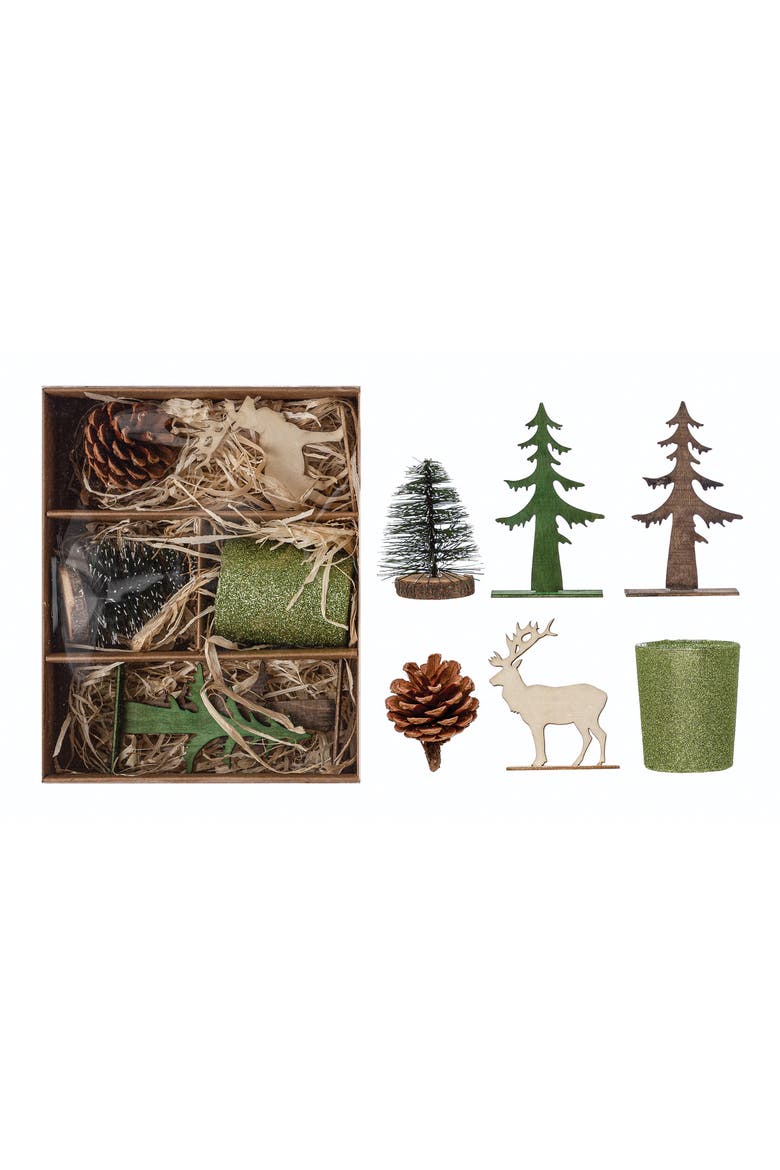Candle Garden Kit with Bottle Brush Tree, Tealight, Pinecone and Wood Figures, Boxed Set of 6, Main, color, Green