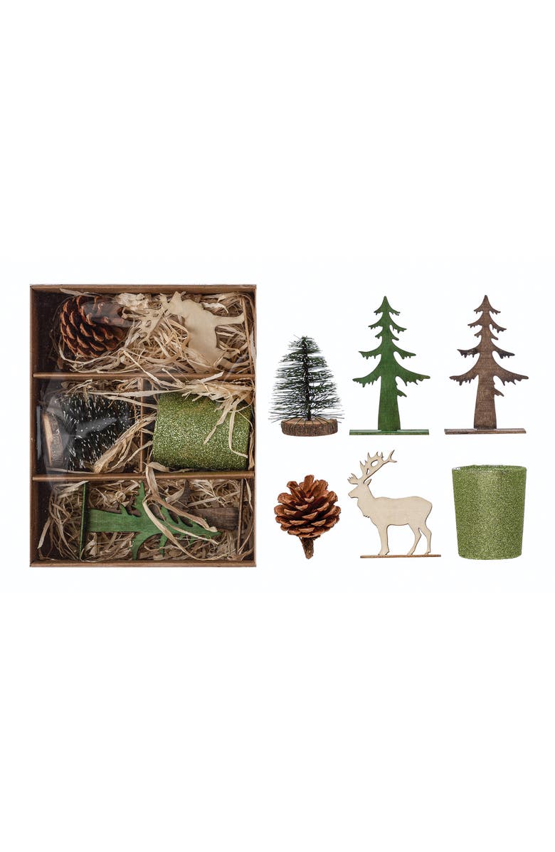 Storied Home Candle Garden Kit with Bottle Brush Tree, Tealight, Pinecone and Wood Figures, Boxed Set of 6, Main, color, Green