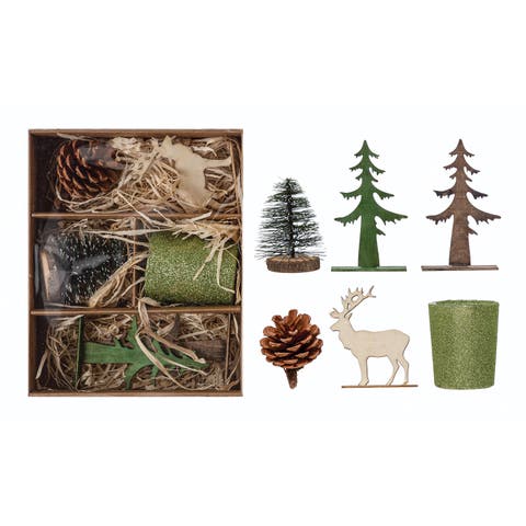 Candle Garden Kit with Bottle Brush Tree, Tealight, Pinecone and Wood Figures, Boxed Set of 6