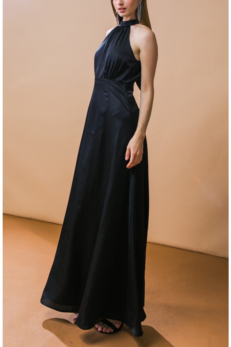Tie Neck Satin Maxi Dress, Alternate, color, BLACK