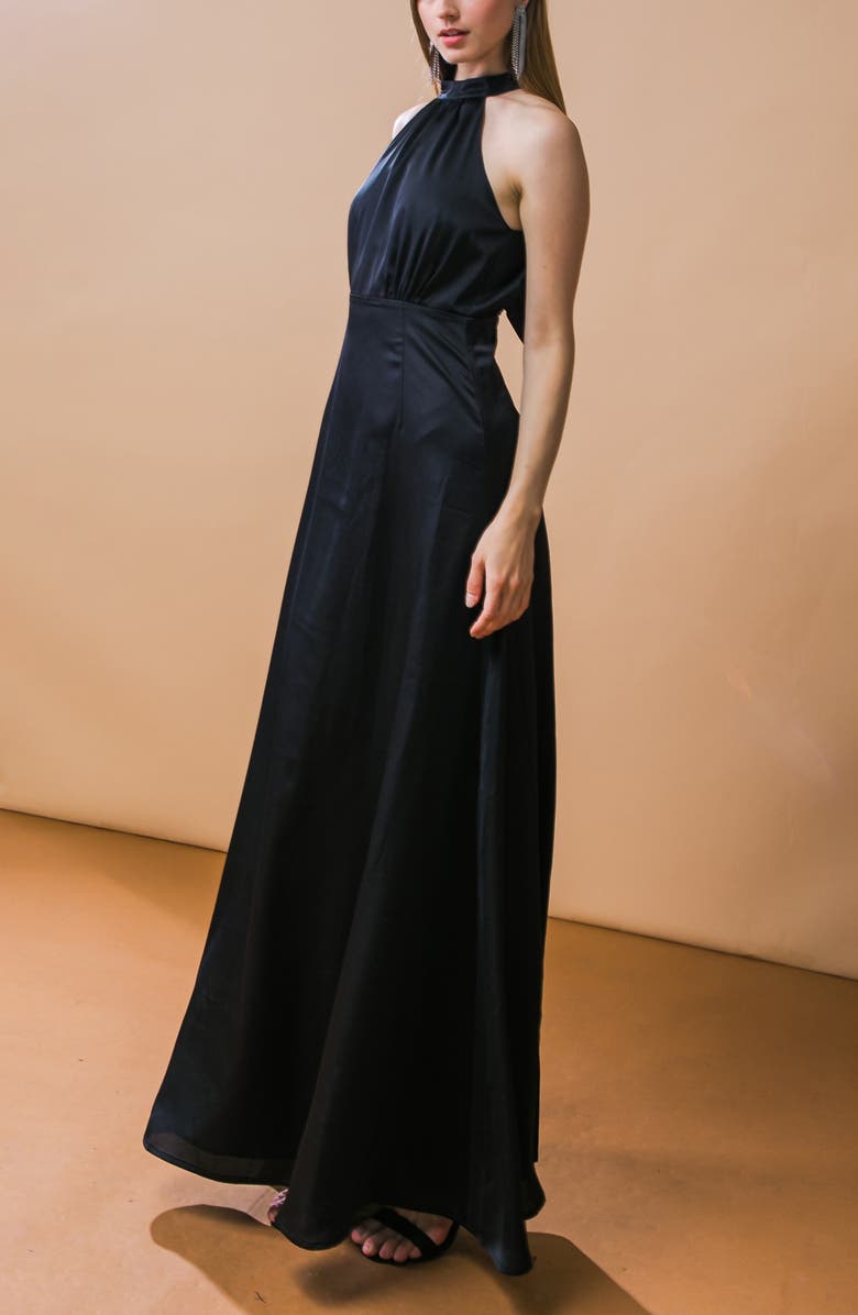 FLYING TOMATO Tie Neck Satin Maxi Dress, Alternate, color, Black
