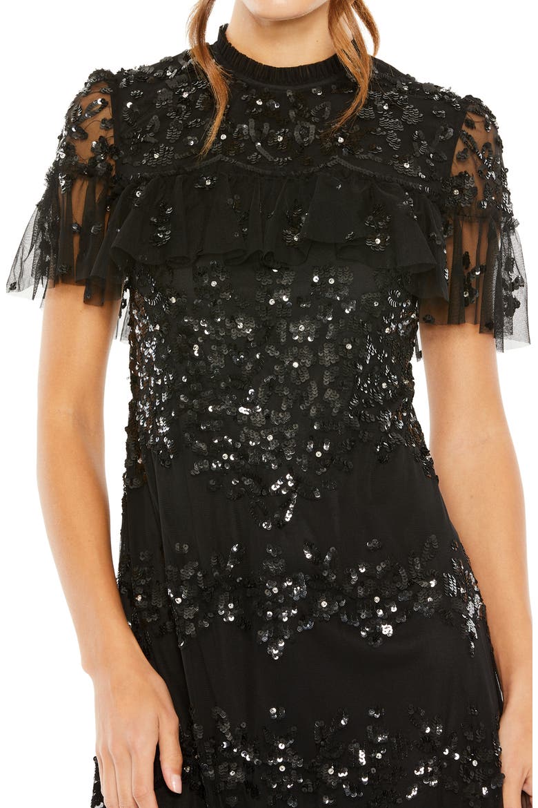 Women's Sequined High Neck Ruffled Flutter Sleeve Midi Dress, Alternate, color, BLACK