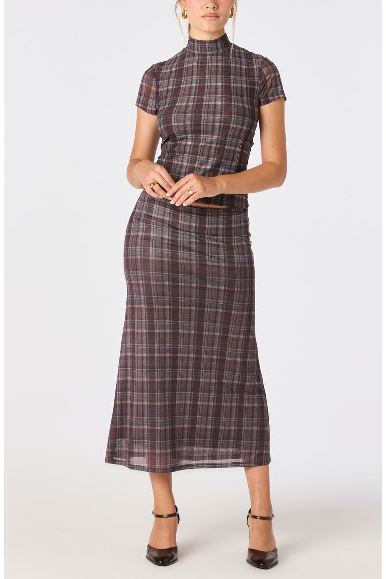 Baila Plaid Mesh Midi Skirt, Alternate, color, BROWN BLUE PLAID