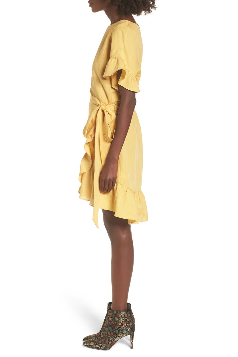 the Label Ruffle Linen Blend Wrap Dress, Alternate, color, YELLOW MINERAL