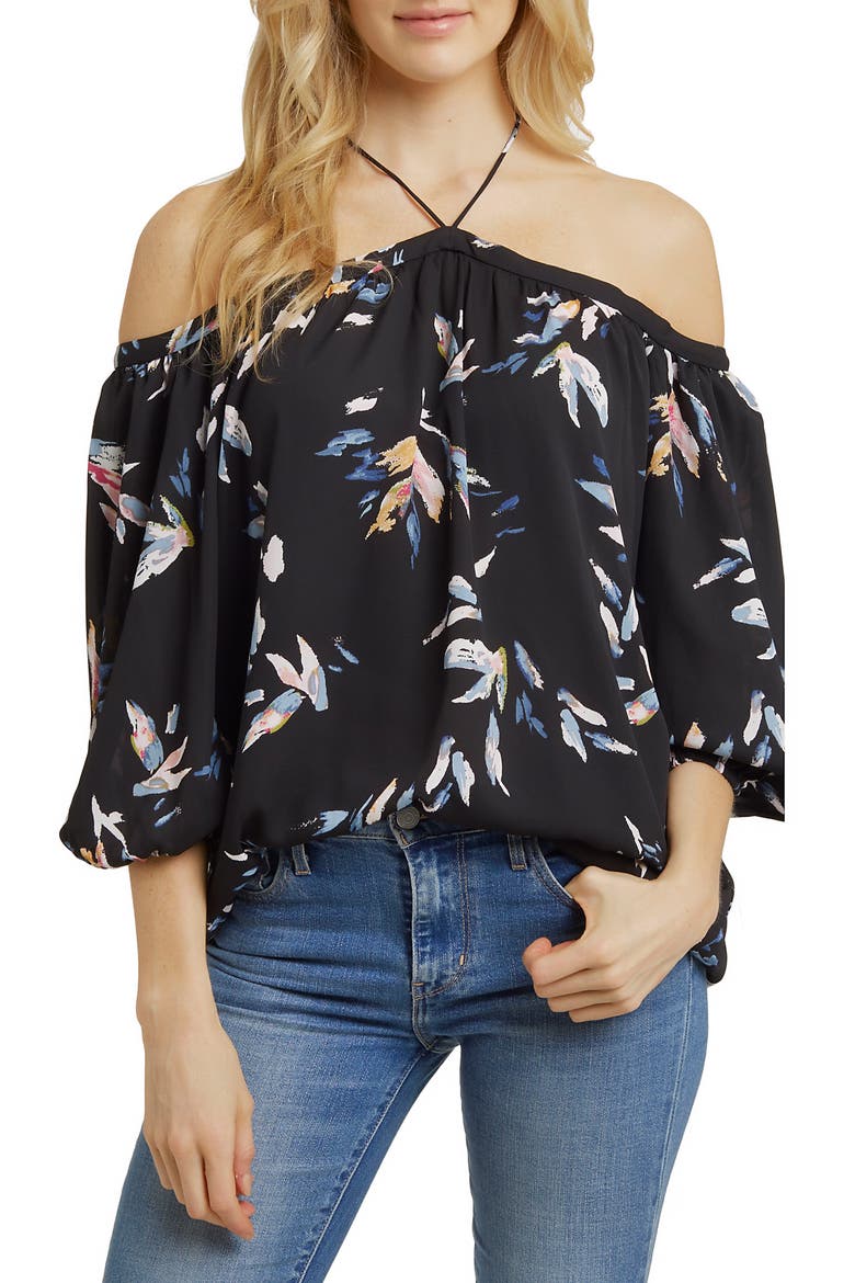 Off the Shoulder Sheer Chiffon Blouse, Main, color, PAINTERLY LEAVES