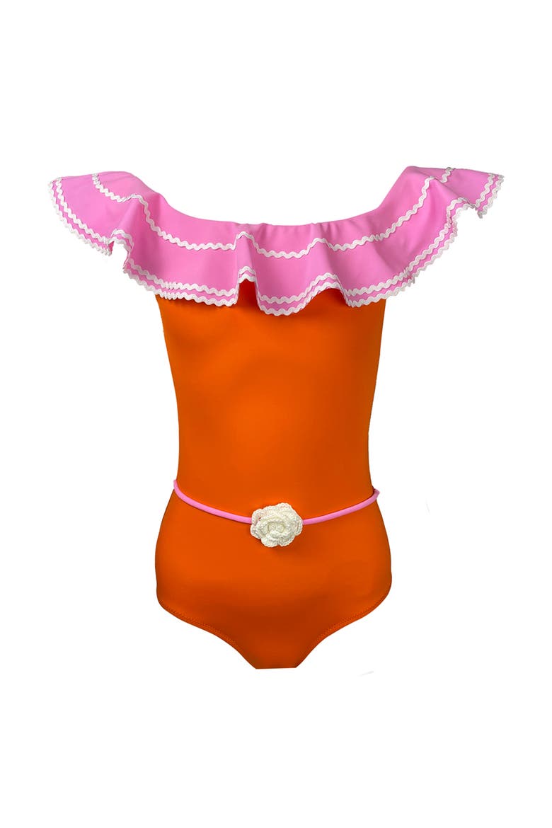 Kids' Off Shoulder Crochet Flower Belt One-Piece Swimsuit, Main, color, Orange-Pink