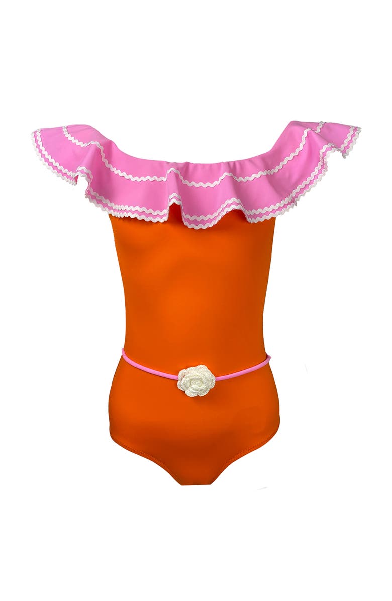 NESSI BYRD Kids' Off Shoulder Crochet Flower Belt One-Piece Swimsuit, Main, color, Orange-Pink