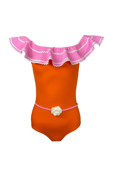 Kids' Off Shoulder Crochet Flower Belt One-Piece Swimsuit