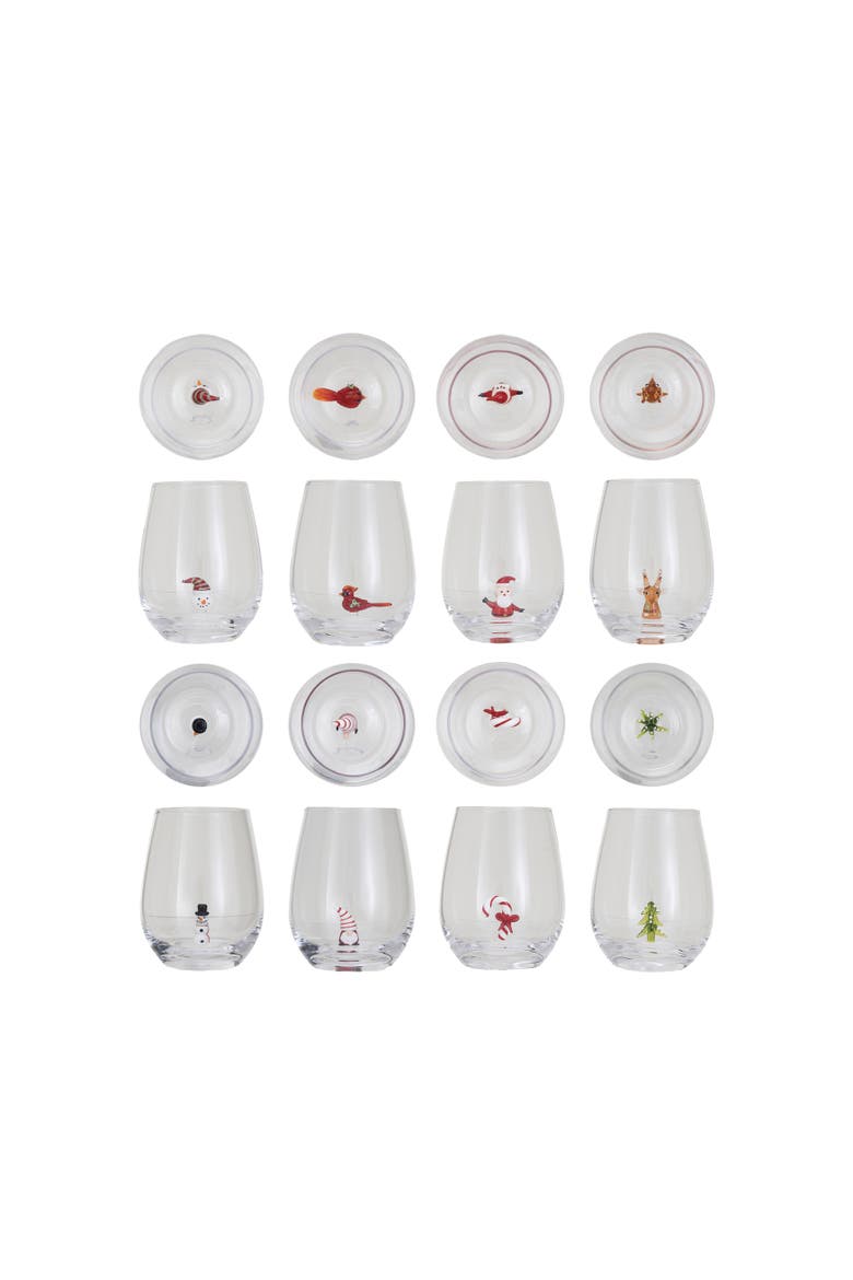 Stemless Wine Glass with Holiday Figure, Multicolor, Set of 8, Main, color, Multicolor
