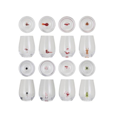 Stemless Wine Glass with Holiday Figure, Multicolor, Set of 8