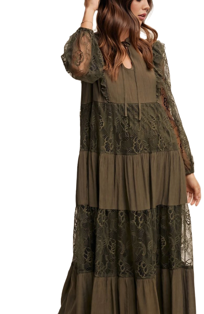 Knit and Lounge Lace Tiered Tie Detail Bishop Sleeve Maxi Dress, Alternate, color, 