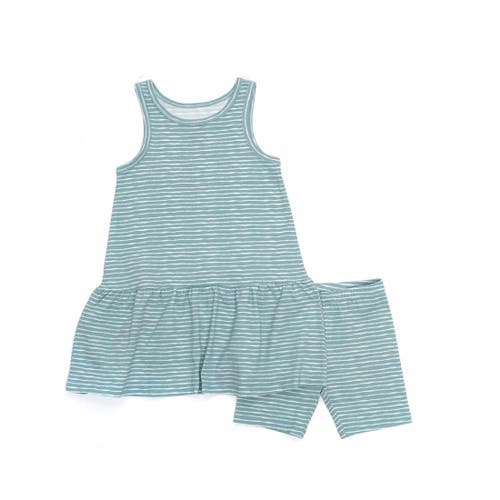 Norani Kids Organic Drop Waist Dress With Matching Biker Shorts In Green Stripes