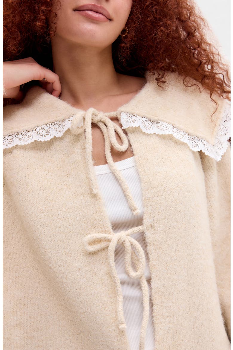 Lace Trim Tie Front Cardigan, Alternate, color, CREAM