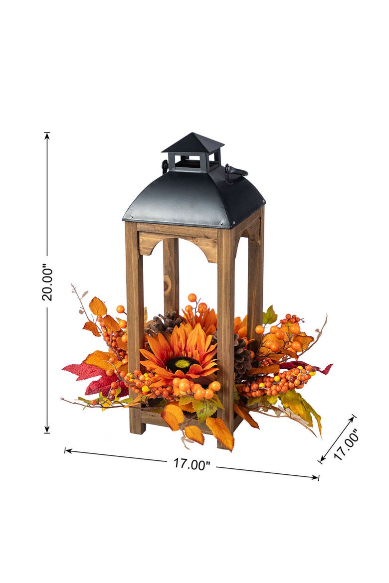Fall Sunflower Pinecone and Berry Wood Lantern Centerpiece, Alternate, color, Orange