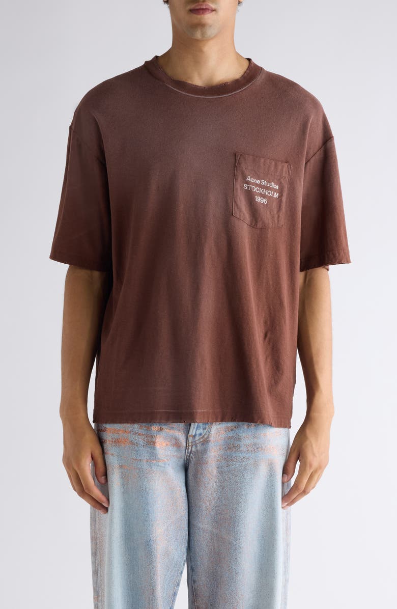 Acne Studios Exford U 1996 Distressed Cotton & Hemp Pocket T-Shirt, Main, color, Chocolate Brown