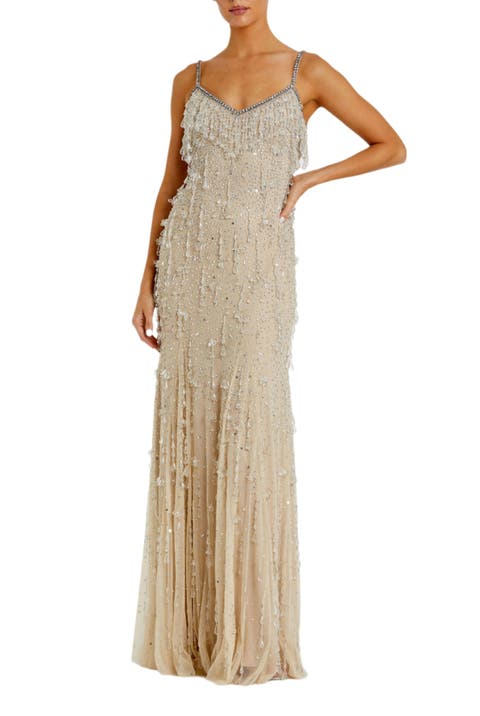 V-Neck Net Gown with Thin Straps and Elegant Embellishments