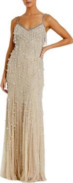 Mac Duggal Women's V-Neck Net Gown with Thin Straps and Elegant Embellishments