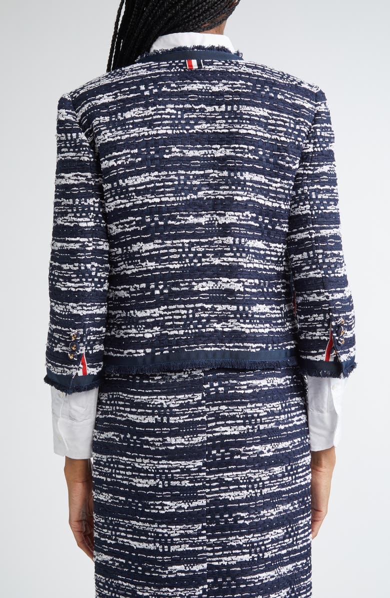 Thom Browne Drop Back Mélange Tulle Yarn Tweed Crop Cardigan Jacket, Alternate, color, Navy