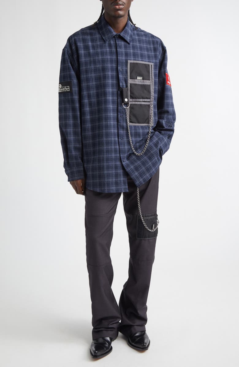 Martine Rose Wallet Chain Plaid Flannel Button-Up Shirt, Alternate, color, Blue