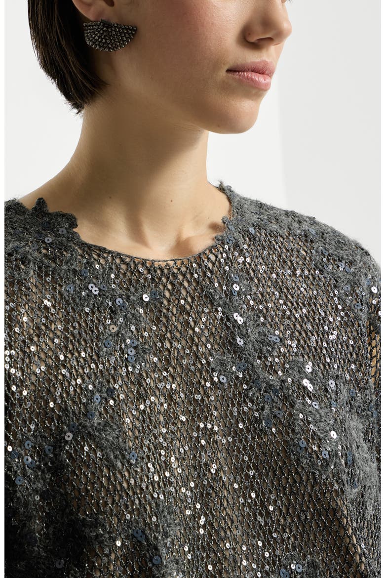 Dazzling lace embroidery t-shirt in sparkling mohair and wool, Alternate, color, Dark Grey