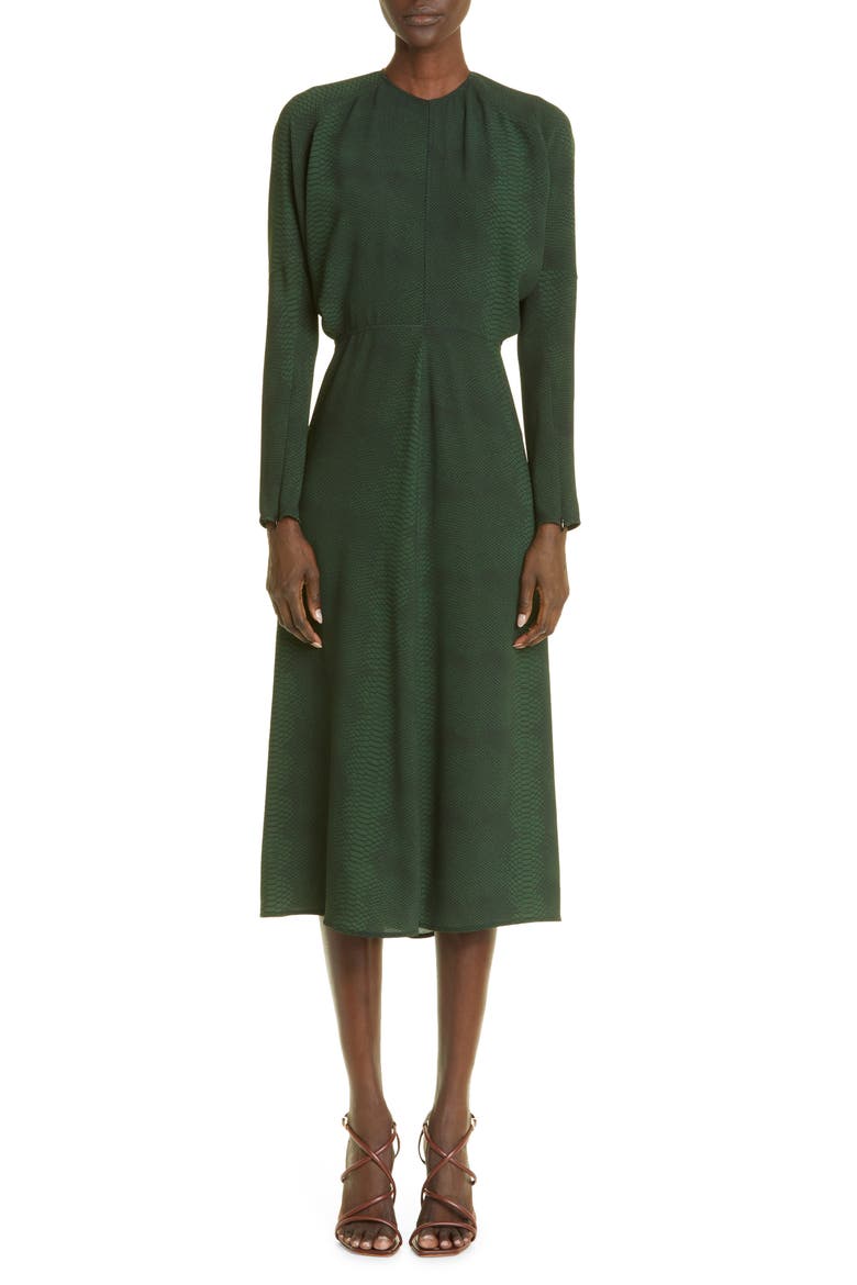Snakeskin Print Long Sleeve Cady Midi Dress, Main, color, SNAKE - GREEN