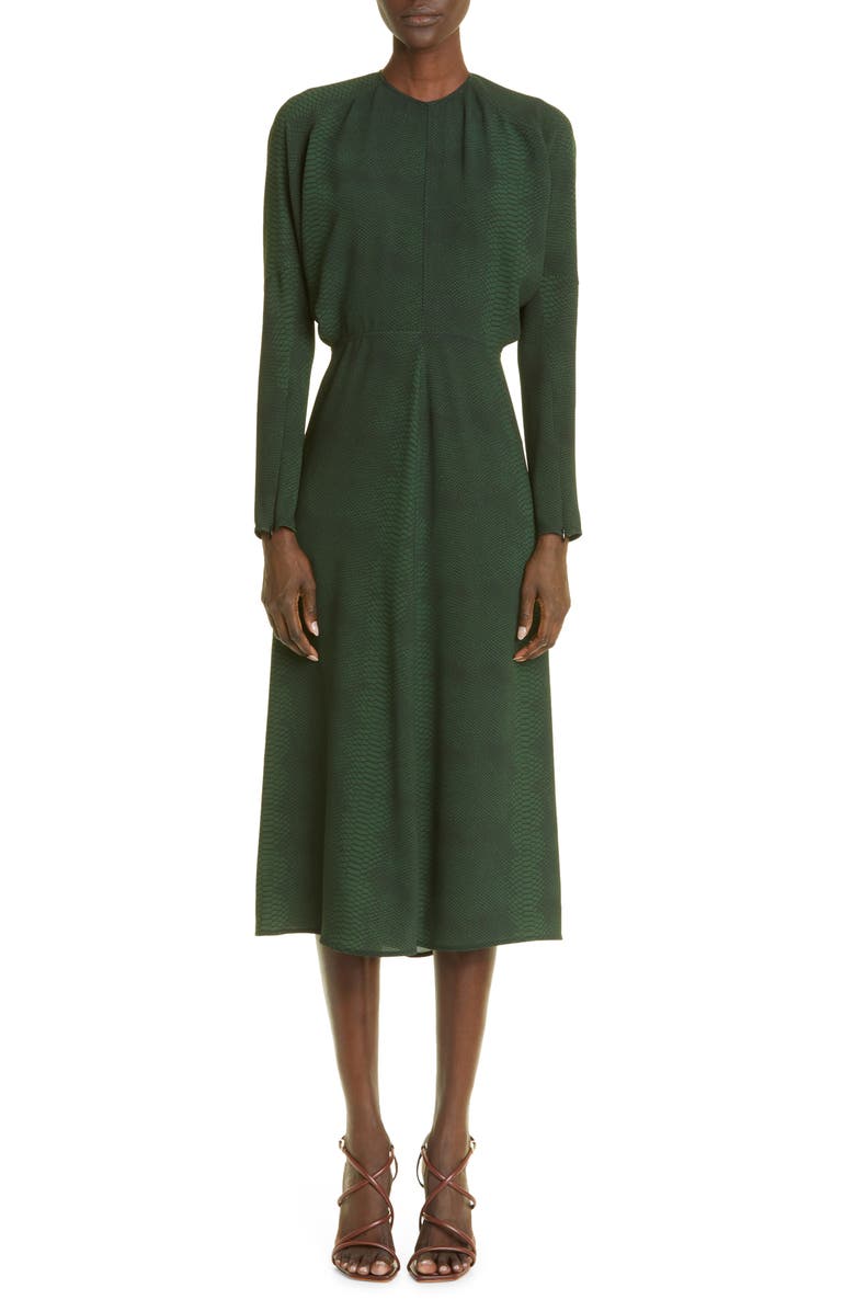 Victoria Beckham Snakeskin Print Long Sleeve Cady Midi Dress, Main, color, 