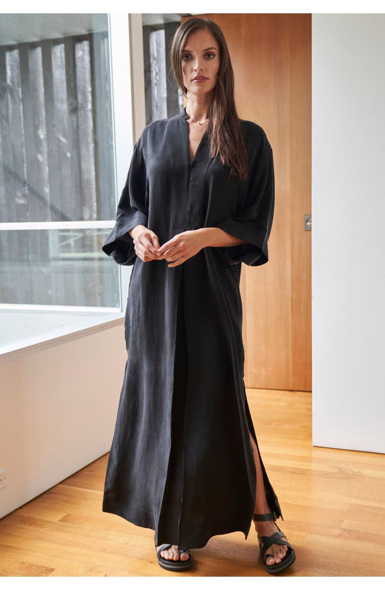 ocean+main Mandarin Collar Cupro Caftan, Alternate, color, Black