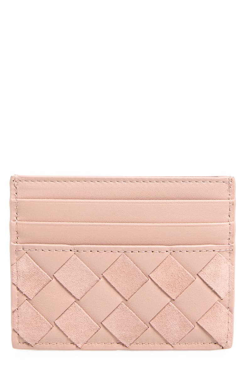 Intrecciato Leather Card Case, Main, color, 5149 TERRA PINK/ GOLD