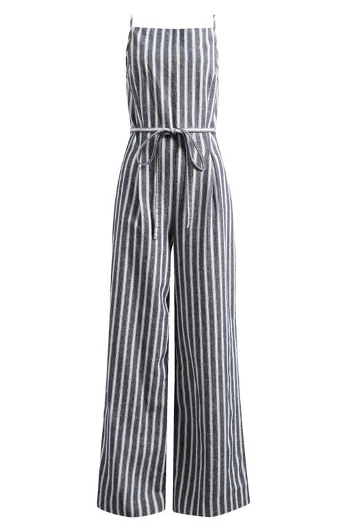Shop Madewell Pinstripe Pleated Linen & Cotton Wide Leg Jumpsuit In Navy White Stripe