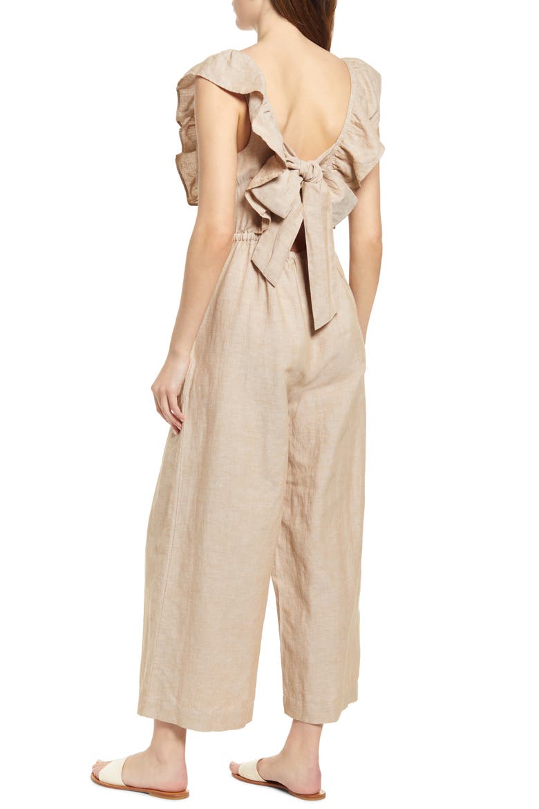 Linen Blend Ruffle Tie-Back Jumpsuit, Alternate, color, SEED KHAKI