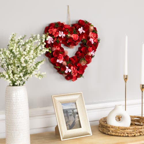 Northlight Artificial Floral Valentine's Day Wooden Rose Heart Wreath In Red