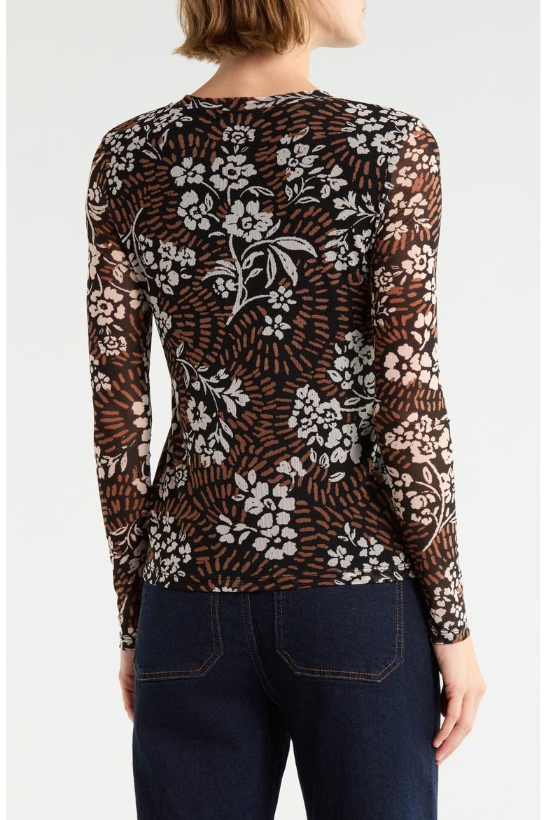 Print Long Sleeve Sheer Top, Alternate, color, COCOA PETAL BROWN