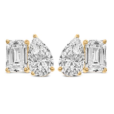 14K Gold 2.0 Cttw Emerald and Pear Toi et Moi Lab Grown Diamond Stud Earrings