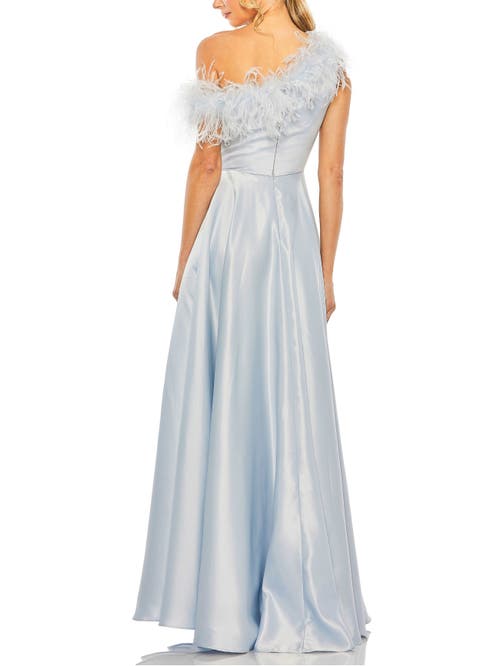 Shop Mac Duggal One Shoulder A Line Gown With Feather Detail In Powder Blue