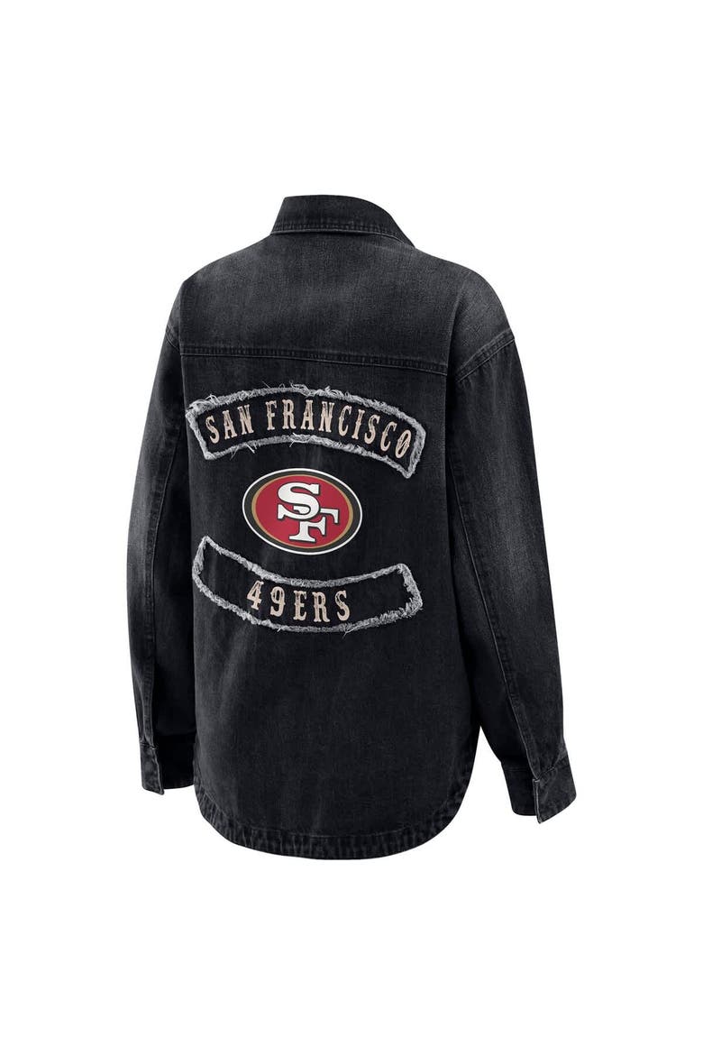 Women's WEAR by Erin Andrews Black San Francisco 49ers Washed Oversized Denim Full-Snap Shacket, Alternate, color, Black
