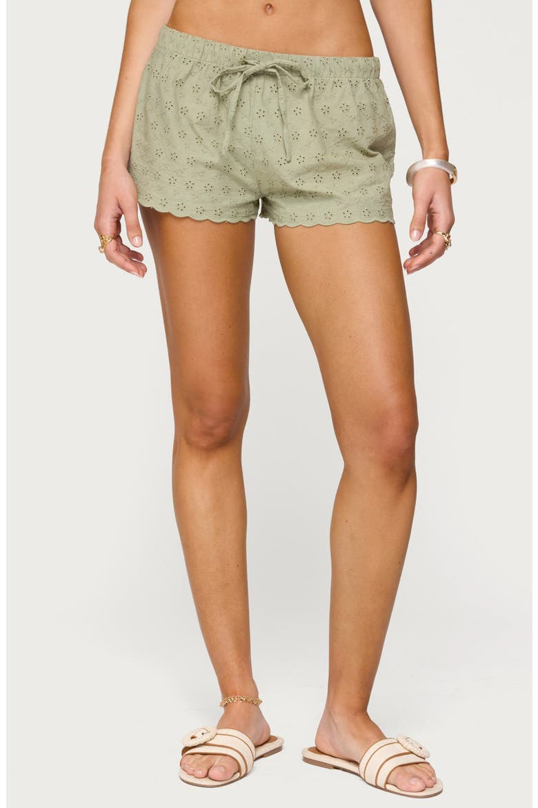 Talula Cotton Eyelet Tie Waist Shorts, Main, color, OLIVE