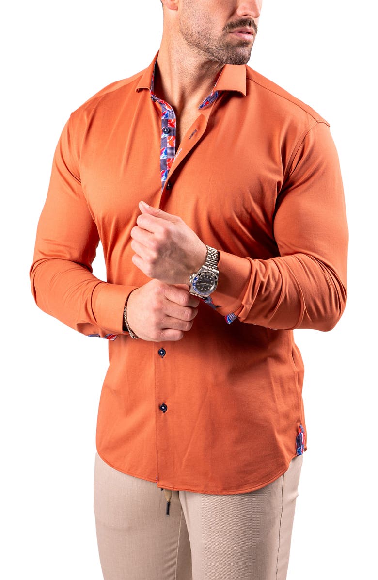 Maceoo Einstein Resistance Contemporary Fit Knit Button-Up Shirt, Alternate, color, Orange