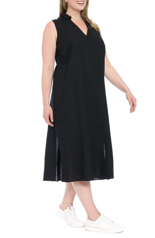 London Times Collared Popover Linen Blend Midi Dress In Black