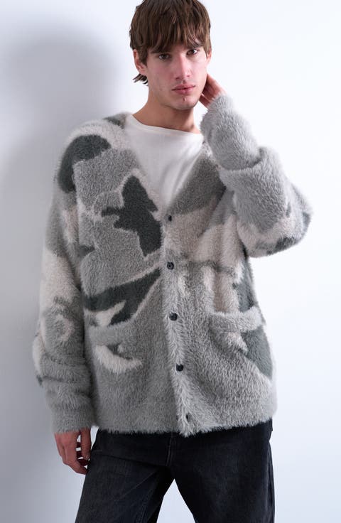 Abstract Print Fuzzy V-Neck Oversize Cardigan