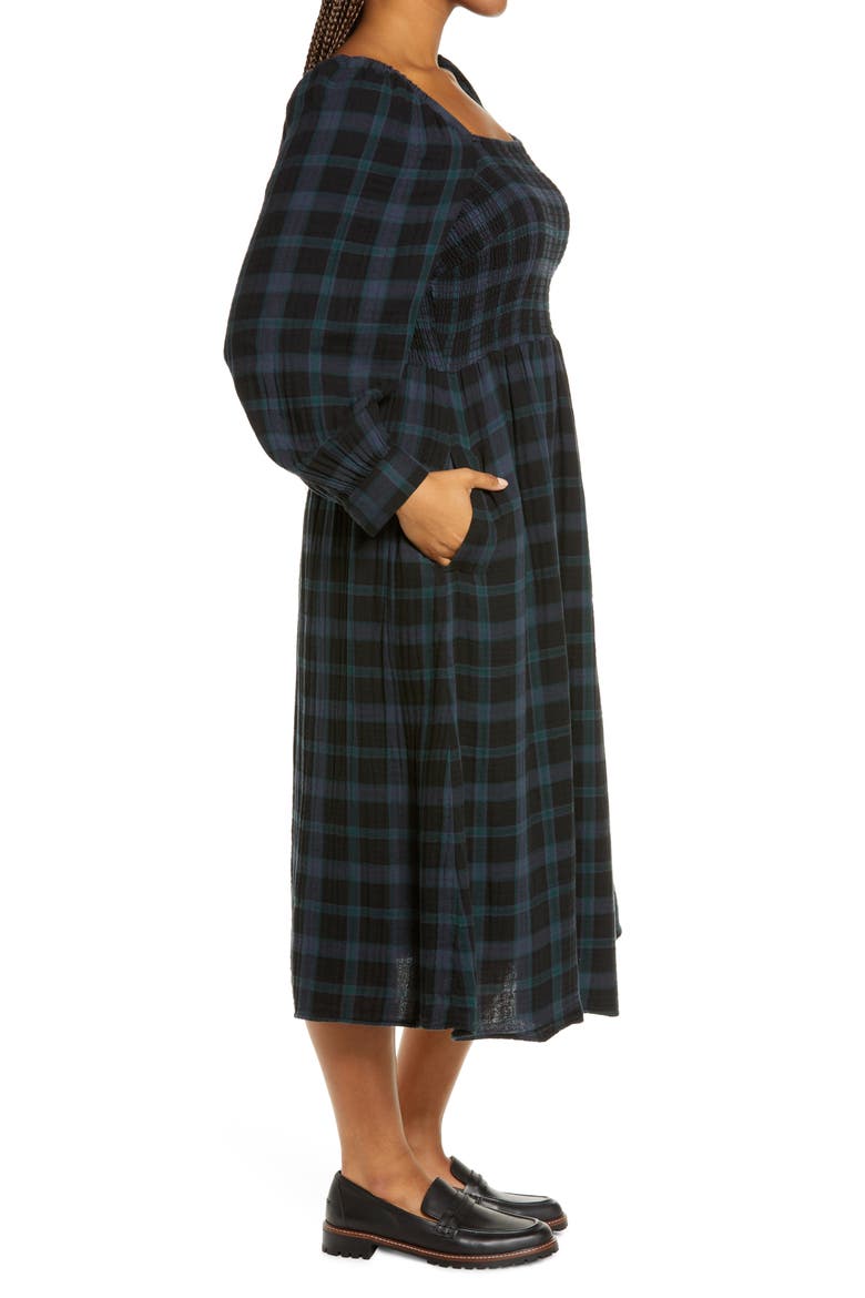 Lucie Livonia Plaid Lightspun Long Sleeve Smocked Midi Dress, Alternate, color, DARK BALTIC