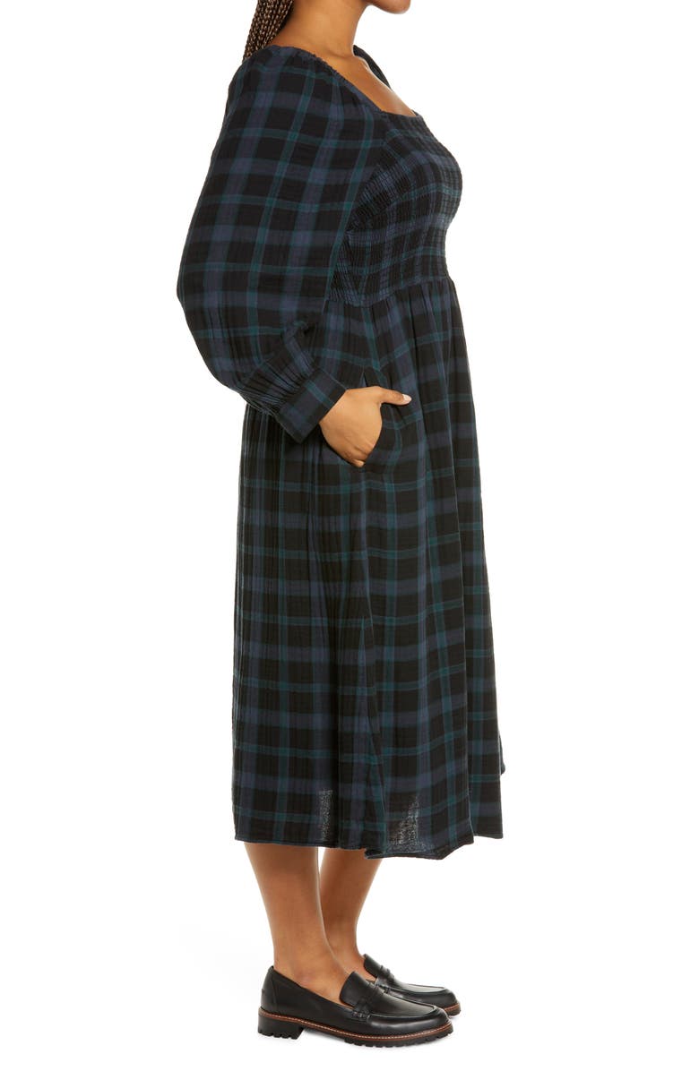 Madewell Lucie Livonia Plaid Lightspun Long Sleeve Smocked Midi Dress, Alternate, color, Dark Baltic