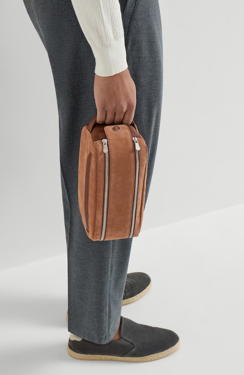 Brunello Cucinelli Suede and buffalo leather beauty case, Alternate, color, Tobacco