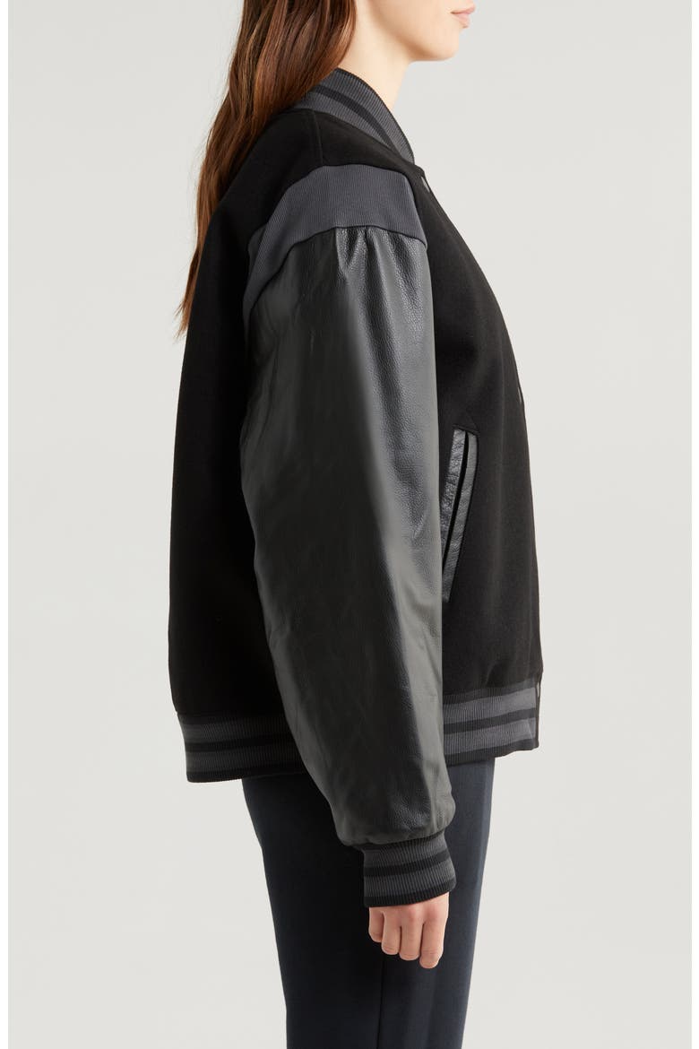 Sportswear Destroyer Leather & Wool Blend Varisty Bomber Jacket, Alternate, color, BLACK/ BLACK/ ANTHRACITE