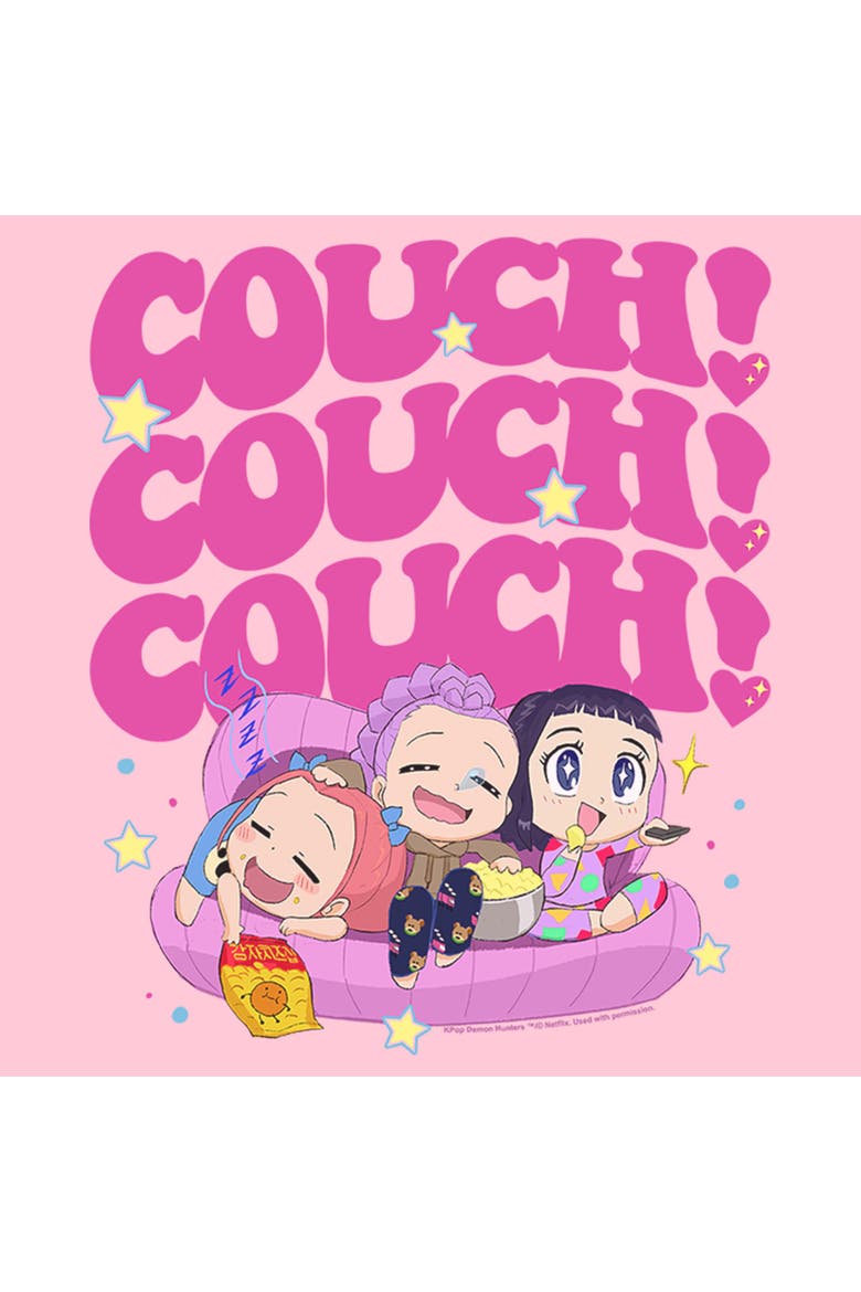 Girl's KPop Demon Hunters Cute Friendship Couch Time  Graphic T-Shirt, Alternate, color, Light Pink
